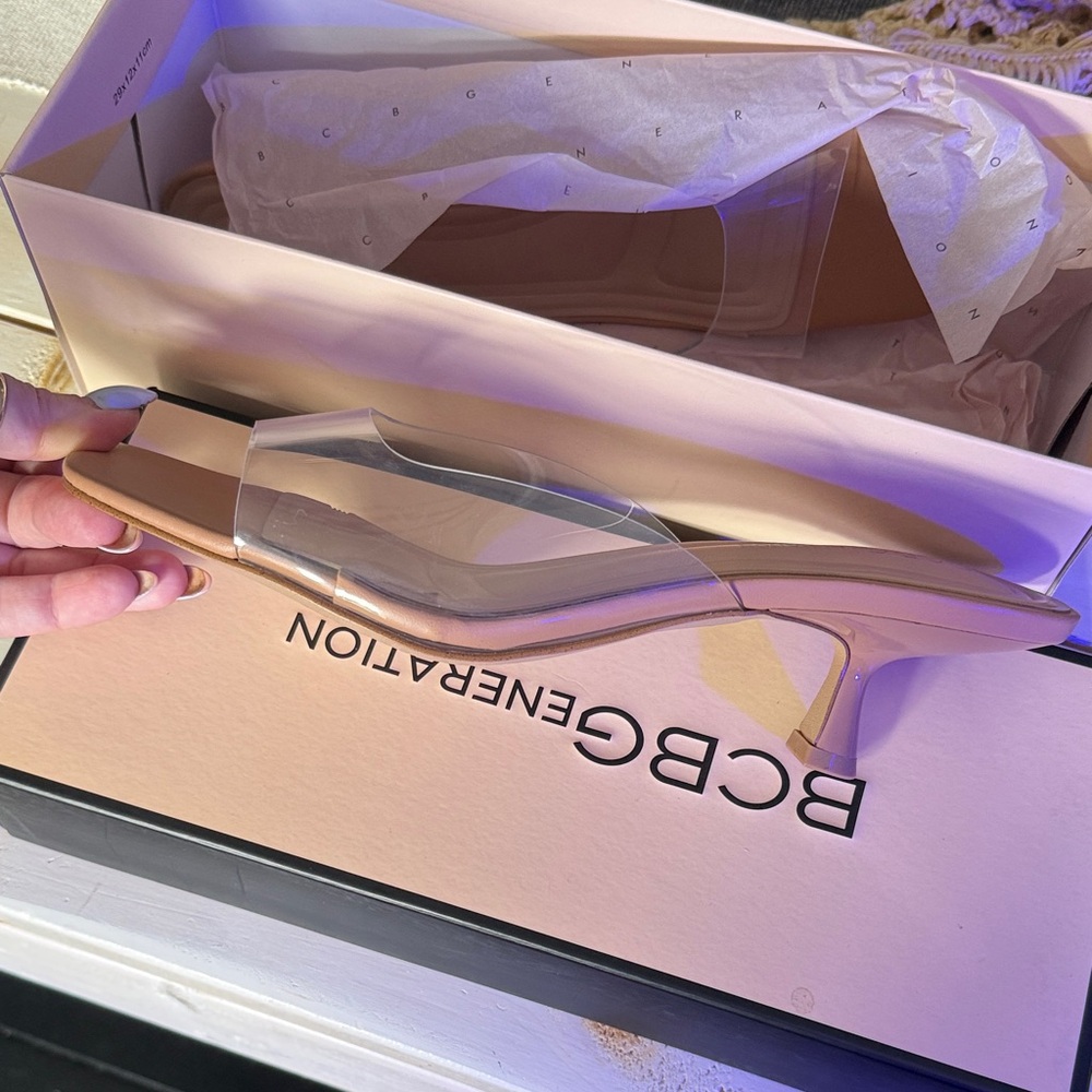 BCBGeneration Nude Clear Strap Kitten Heel Mules